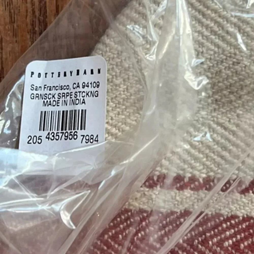 NEW Pottery Barn Grain Sack Stripe Christmas Stocking Flax with Red Cuff Medium